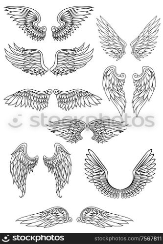 Heraldic bird or angel wings set isolated on white for religious, tattoo or heraldry design