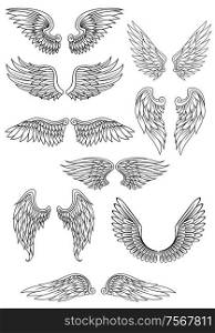 Heraldic bird or angel wings set isolated on white for religious, tattoo or heraldry design