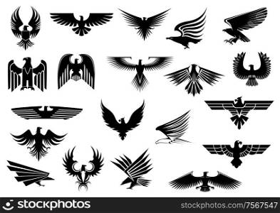 Heraldic black eagles, falcons and hawks set spread wings, isolated on white background. Various Stylized Black Eagle Graphics