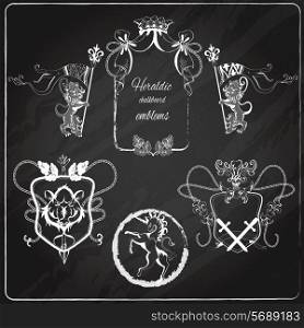 Heraldic chalkboard crest shield and insignia emblems set with swords lions unicorns isolated vector illustration