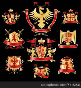 Heraldic coat of arms decorative labels gold and red set with royal crowns and animals isolated vector illustration