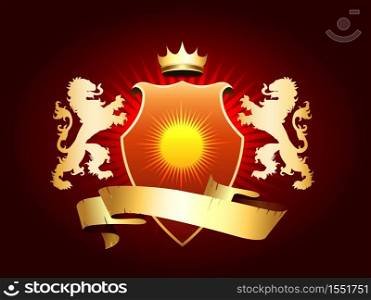 Heraldic Coat of arms with crown, shield, ribbon and golden lions. Vector illustration.