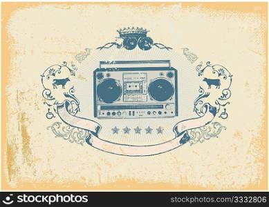 Heraldic composition with boombox and floral ornaments made in graffity style. Grunge background. Vector illustration