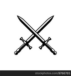 Heraldic crossed swords, royal coat of arms heraldry emblem. Isolated Medieval warrior swords arms symbol. Heraldic warrior swords crossed, heraldry emblem