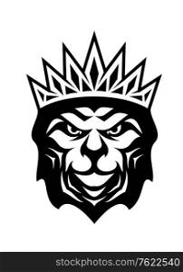 Heraldic crowned lion, a symbol of royalty or the king of the jungle, black and white cartoon sketch
