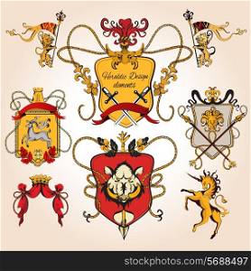 Heraldic design colored elements decorative retro monogram sketch set isolated vector illustration