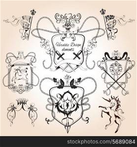 Heraldic design elements decorative crest shield and insignia sketch set isolated vector illustration