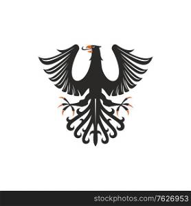Heraldic eagle isolated bird with open wings. Vector black falcon or hawk with spread feather tail. Black eagle heraldry symbol isolated bird mascot