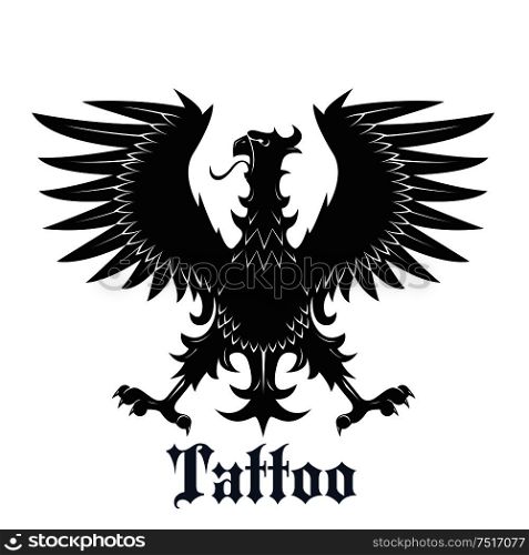 Heraldic eagle symbol for tattoo or coat of arms design usage with black bird in classic position with outstretched wings and legs, adorned by curved pointed feathers. Black heraldic eagle with outstretched wings