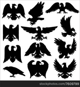Heraldic eagle, vector icons of Gothic heraldic hawk or falcon birds. Black silhouettes of eagle with spread wings, flying in attack with tongue and claws, coat of arms and military crest emblems. Royal heraldry eagles, heraldic hawk or falcon