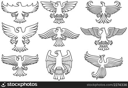 Heraldic eagles thin line icons set