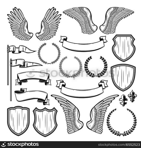 Heraldic element for medieval badge and royal crest design. Heraldry shield, wing and laurel wreath, vintage ribbon banner, flag and victorian fleur-de-lis for coat of arms template. Heraldic element for medieval badge, crest design