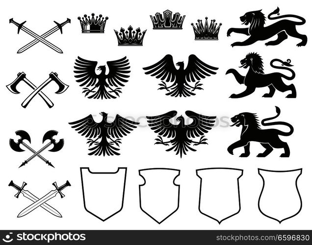 Heraldic element set of bird, animal and crown, medieval shield and crossed sword. Eagle, lion and vintage royal crown, falcon, hawk and battle axe black icon for coat of arms and heraldry design. Heraldic element of animal, bird, crown and shield