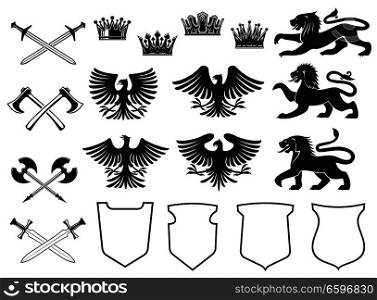 Heraldic element set of bird, animal and crown, medieval shield and crossed sword. Eagle, lion and vintage royal crown, falcon, hawk and battle axe black icon for coat of arms and heraldry design. Heraldic element of animal, bird, crown and shield