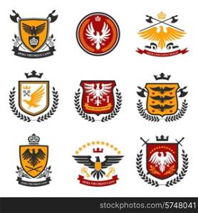 Heraldic emblems and shield set with eagle birds isolated vector illustration