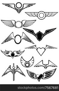 Heraldic emblems set with wings for aviation, heraldry and tattoo design