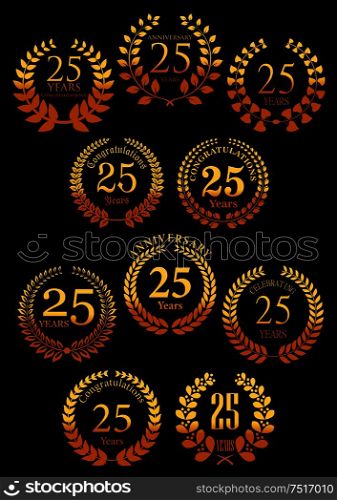 Heraldic gold laurel wreaths symbols for 25 anniversary and festive design with vintage leafy branches, arranged into circle frames with color gradation from golden to orange. Anniversary golden heraldic laurel wreaths icons