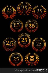 Heraldic gold laurel wreaths symbols for 25 anniversary and festive design with vintage leafy branches, arranged into circle frames with color gradation from golden to orange. Anniversary golden heraldic laurel wreaths icons
