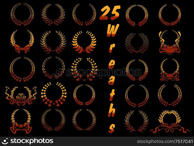 Heraldic golden laurel wreaths icons with stylized ancient greek winners wreaths, adorned with swirling ribbons, bows and scroll banners. May be used as certificate, sporting achievement, victory, award theme design. Golden laurel wreaths with ribbons and bows icons