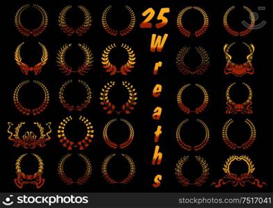 Heraldic golden laurel wreaths icons with stylized ancient greek winners wreaths, adorned with swirling ribbons, bows and scroll banners. May be used as certificate, sporting achievement, victory, award theme design. Golden laurel wreaths with ribbons and bows icons