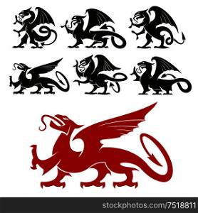 Heraldic Griffin emblem set and mythical Dragon silhouette elements for tattoo, heraldry or shield crest. Fantasy gothic mythical lion and eagle creature. Vector graphic design. Heraldic Griffin and mythical Dragon silhouettes