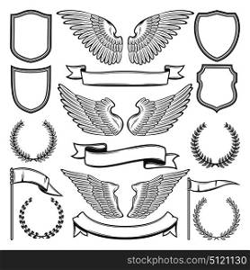 Heraldic icons constructor of bird wings, shields or ribbons and laurel. Vector isolated sketch set of heraldry symbols for royal premium and luxury design or tattoo. Heraldic wings, shields and ribbons, vector