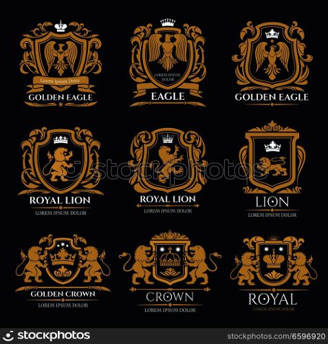 Heraldic lion and eagle shield badges. Medieval mythical animals and birds golden symbols, decorated with crown, ribbon banner and victorian leaf scroll for king or knight coat of arms design. Heraldic coat of arms with lion and eagle