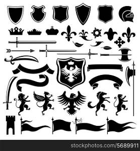 Heraldic medieval vintage set black decorative icons set with crown shield arabesque isolated vector illustration