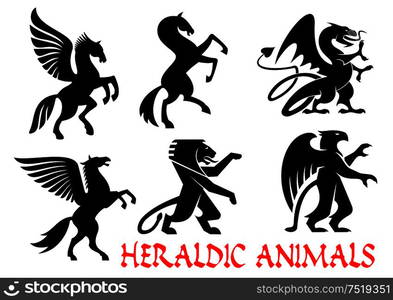 Heraldic mythical animals icons. Vector silhouette emblems. Griffin, Dragon, Lion, Pegasus, Horse heraldry for tattoo, shield insignia. Heraldic mythical animals silhouette emblems