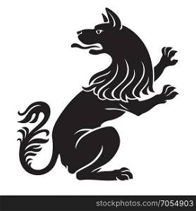 Heraldic pet dog or wolf animal rampant standing on legs black isolated on white background