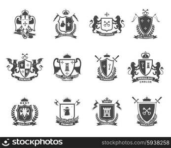 Heraldic Premium Quality Emblems Set. Heraldic premium quality black white emblems set with royal traditions symbols flat isolated vector illustration