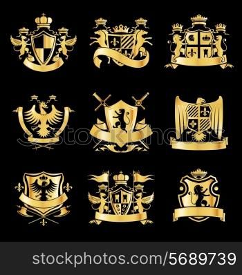 Heraldic royal art symbols decorative emblems golden set with griffin swords and ribbons isolated vector illustration