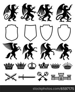 Heraldic royal coat of arms and heraldry signs constructor of Pegasus horse, Griffin bird or animal with shield, crowns and stars. Vector isolated heraldic badges of ornate keys, sword and castles. Heraldic royal animals vector isolated icons