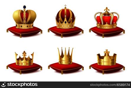 Heraldic royal crowns on cushions realistic set isolated vector illustration. Heraldic Crowns Set