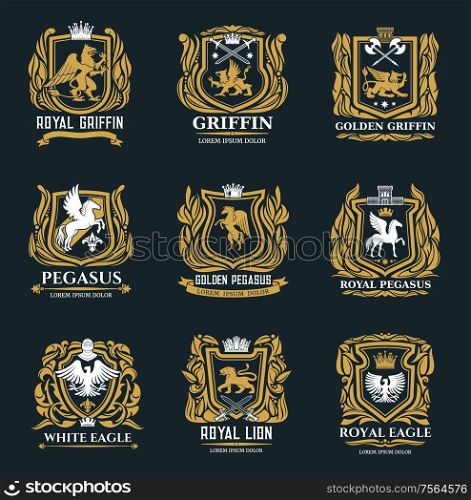 Heraldic royal vector icons of golden griffin, eagle, pegasus and lion symbols. Medieval gold heraldry signs and coat of arms with imperial castle, swords and crown in ornate wreath. Griffin, eagle and pegasus golden heraldic icons