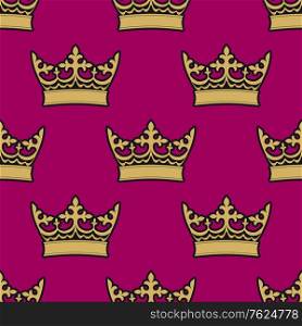 Heraldic seamless pattern with gold royal crowns on purple background