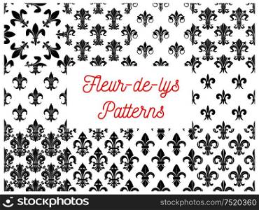 Heraldic seamless patterns of fleur-de-lys. Vectro pattern of black silhouette and outline royal french lily fleur-de-lis symbols on white background. Royal french lily fleur-de-lys seamless patterns