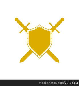 Heraldic shield and crossed swords icon. Golden emblem template. Flat vector illustration isolated on white background.. Heraldic shield and crossed swords icon. Flat vector illustration isolated on white