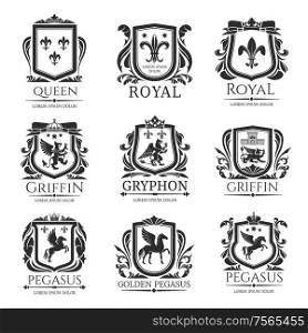 Heraldic shields, heraldry Medieval animals and royal floral emblems. Vector Pegasus horse, Griffin lion with eagle wings, imperial crown, floral wreath and fleur de lys coat of arms shield. Royal heraldry emblems, heraldic animals icons