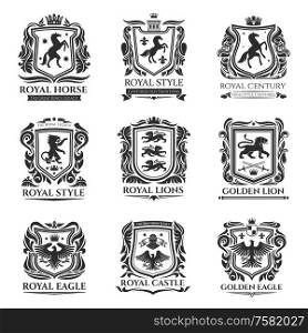 Heraldic shields, Medieval animals, Pegasus horse and royal floral emblems. Vector heraldic icons of Griffin lion with eagle wings, imperial crown, floral wreath and fleur de lys coat of arms shield. Royal heraldry, medieval horse and animals icons