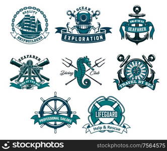 Heraldic ship anchor and helm vector icons, captain spyglass and frigate sailboat, aqualung and lifeguard buoy, seahorse and trident. Diving club, sea and ocean exploration adventure nautical icons. Nautical and marine heraldic icons