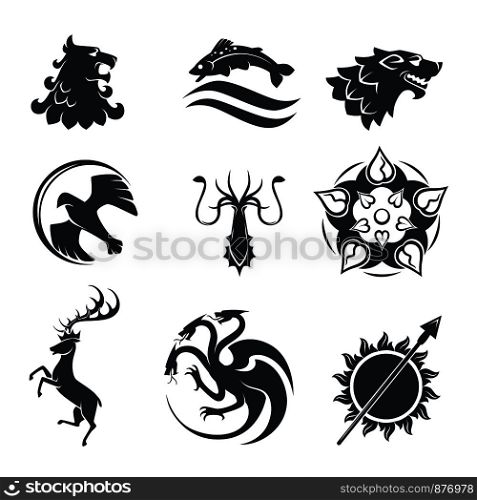 Heraldic symbols of power strength logo or tattoo templates. Vector heraldry animals, birds or mystic creatures of gryphon eagle, wolf or tribal deer with dragon, arrow in sun and spike flower. Heraldic gothic vector animals and birds or fish