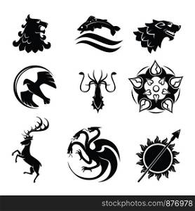Heraldic symbols of power strength logo or tattoo templates. Vector heraldry animals, birds or mystic creatures of gryphon eagle, wolf or tribal deer with dragon, arrow in sun and spike flower. Heraldic gothic vector animals and birds or fish