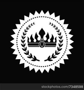 Heraldic symbols on black and white stamp. Crown on monochrome emblem isolated vector illustration. King hat and laurel branches on black round sign. Heraldic Symbols on Black and White Stamp Vector