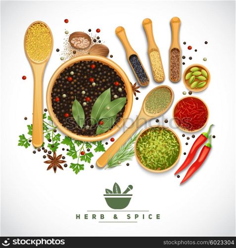 Herb And Spice Poster. Poster of different cooking herbs and spices in wooden dish on white background realistic vector illustration