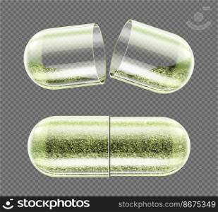Herb capsule, nutritional supplement, powder pills close and open. Herbal medicine, pharmaceutical natural remedy, organic drug isolated on transparent background. Realistic 3d vector illustration. Herb capsule, nutritional supplement, powder pills