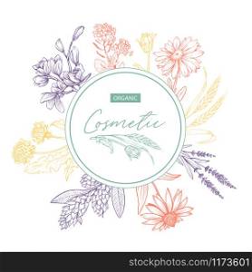Herbal cosmetics hand drawn vector sticker. Round frame with color wild plants and lettering on white background. Skin care product with bio ingredients label, badge design. Floral border with text. Herbal organic cosmetics hand drawn sticker