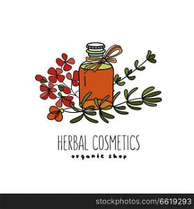 Herbal cosmetics, natural oil. Vector hand drawn illustration for natural eco cosmetics store. Oil and flowers of geranium and rosemary.. Herbal cosmetics. Vector illustration. Oils and plants.
