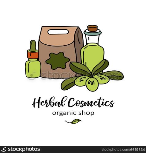 Herbal cosmetics, natural oil. Vector hand drawn illustration for natural eco cosmetics store. Olive oil and twig.. Herbal cosmetics. Vector illustration. Oils and plants.