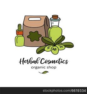 Herbal cosmetics, natural oil. Vector hand drawn illustration for natural eco cosmetics store. Olive oil and twig.. Herbal cosmetics. Vector illustration. Oils and plants.